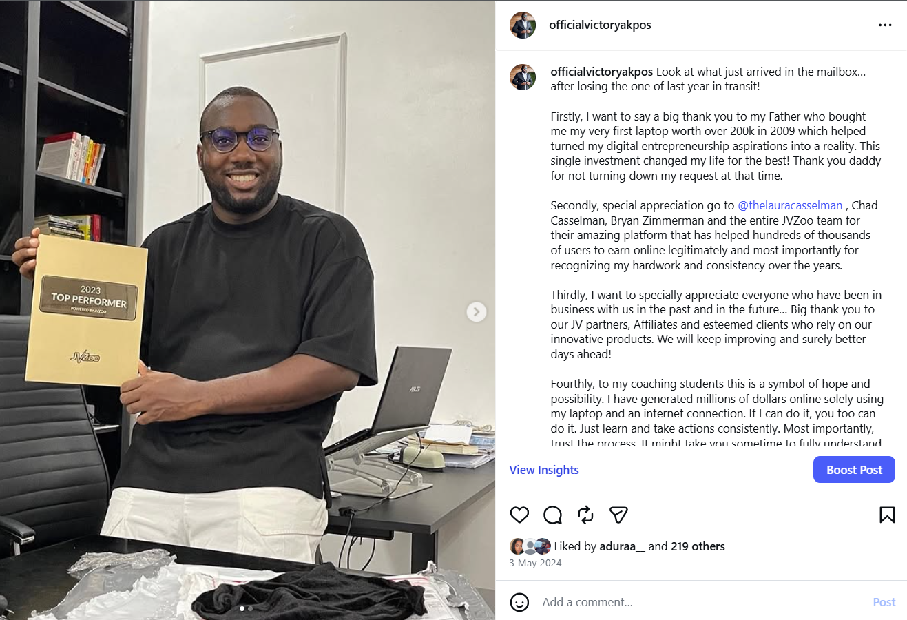 Instagram post showing JVZoo top performer award